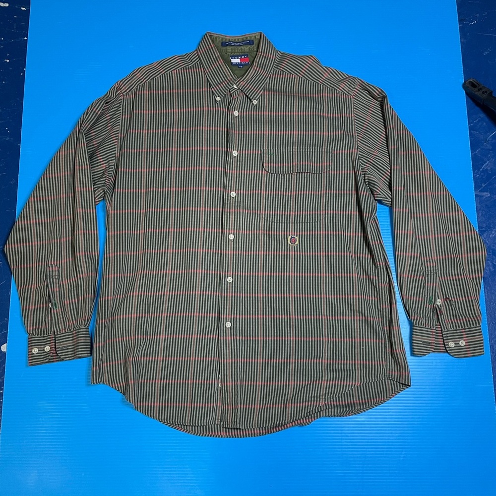 Tommy Hilfiger Men's Green and Red Striped Shirt